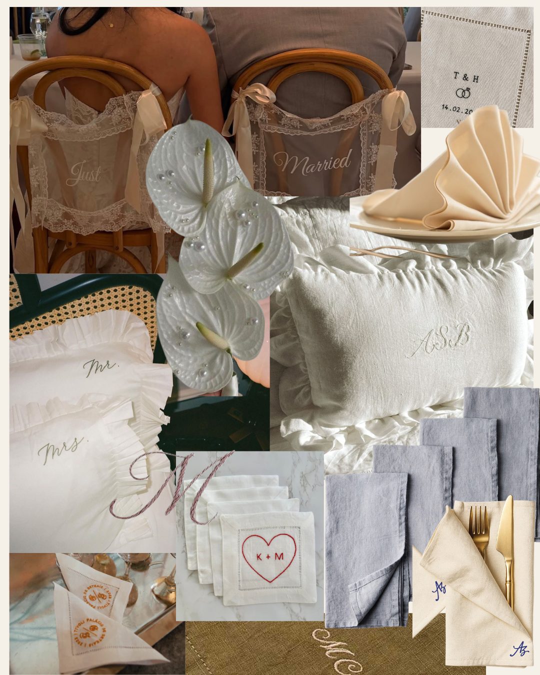Personalised wedding & event keepsakes: chair cloths, monogrammed pillows and napkin embroidery